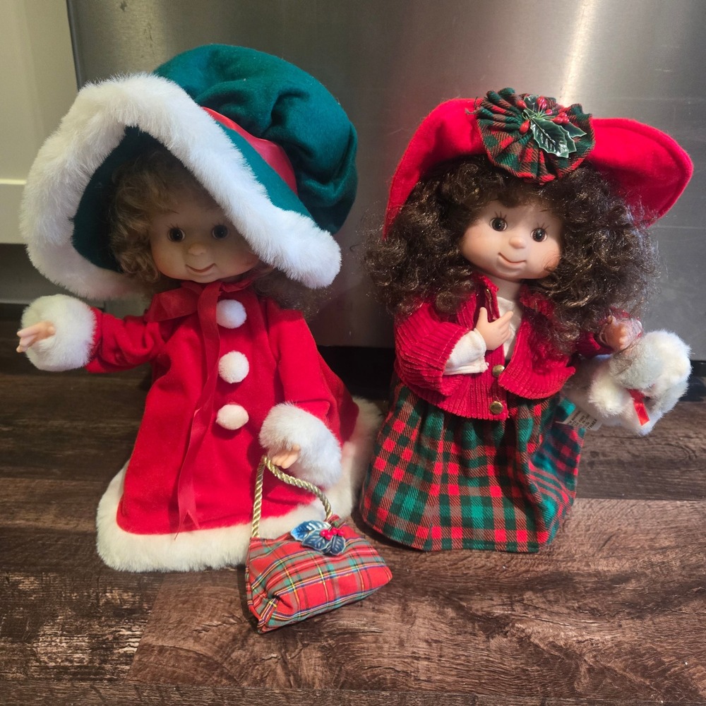 Santa's Best Christmas Dolls 13" Pair Holiday Victorian Girls Plaid Vintage